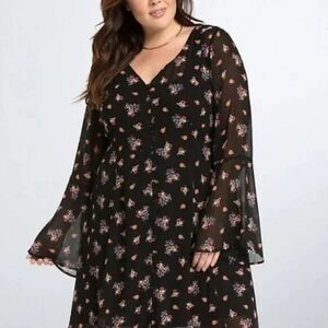 Torrid Plus Size Black Sheer Dress With Bell Sleeves 4x
